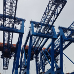 Under Cranes on Ship at Wharf